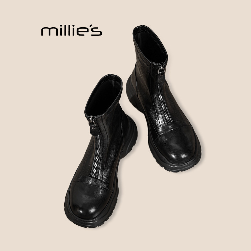 MILLIE'S/妙丽2026新款法式复古真皮粗跟短靴女英伦风厚底马丁靴Q