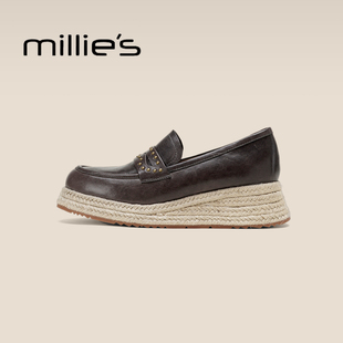 MILLIE'S/妙丽羊皮厚底乐福鞋女2026新款秋季一脚蹬英伦真皮皮鞋P