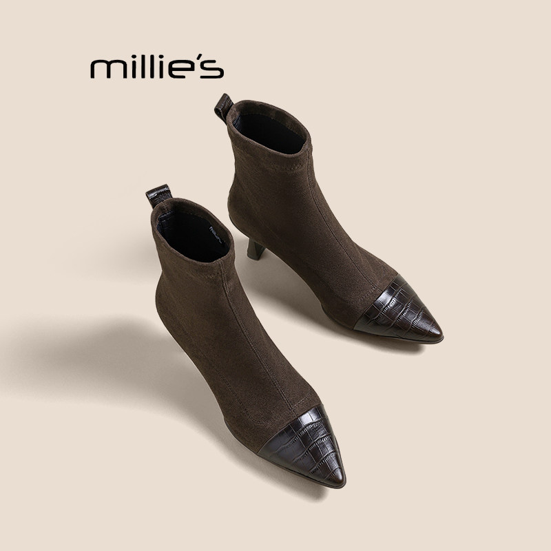 MILLIE'S/妙丽秋冬季新款单靴气质短靴高跟弹力单靴尖头时装靴女Z,女鞋,时装靴,淘宝优惠券,粉丝福利购,淘宝优惠卷