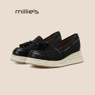 MILLIE'S/妙丽流苏厚底乐福鞋女款新款草编一脚蹬英伦风小皮鞋秋