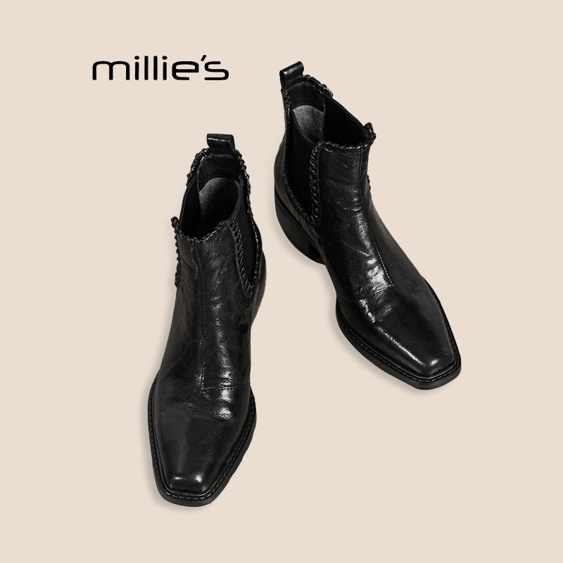 MILLIE'S/妙丽短靴女复古英伦风粗跟马丁靴女秋冬切尔西瘦瘦靴子Q,女鞋,时装靴,淘宝优惠券,粉丝福利购,淘宝优惠卷