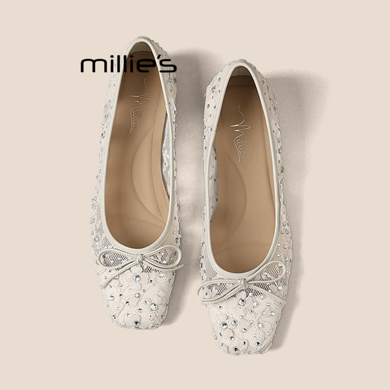 MILLIE'S/妙丽2026春夏蕾丝蝴蝶结芭蕾舞鞋浅口网纱透气粗跟单鞋Q