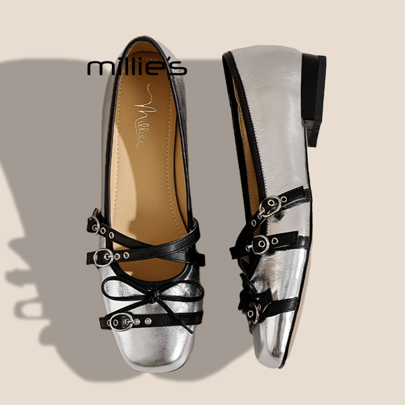 MILLIE'S/妙丽2026春款浅口单鞋真皮交叉带蝴蝶结玛丽珍鞋平底鞋,女鞋,浅口单鞋,淘宝优惠券,粉丝福利购,淘宝优惠卷