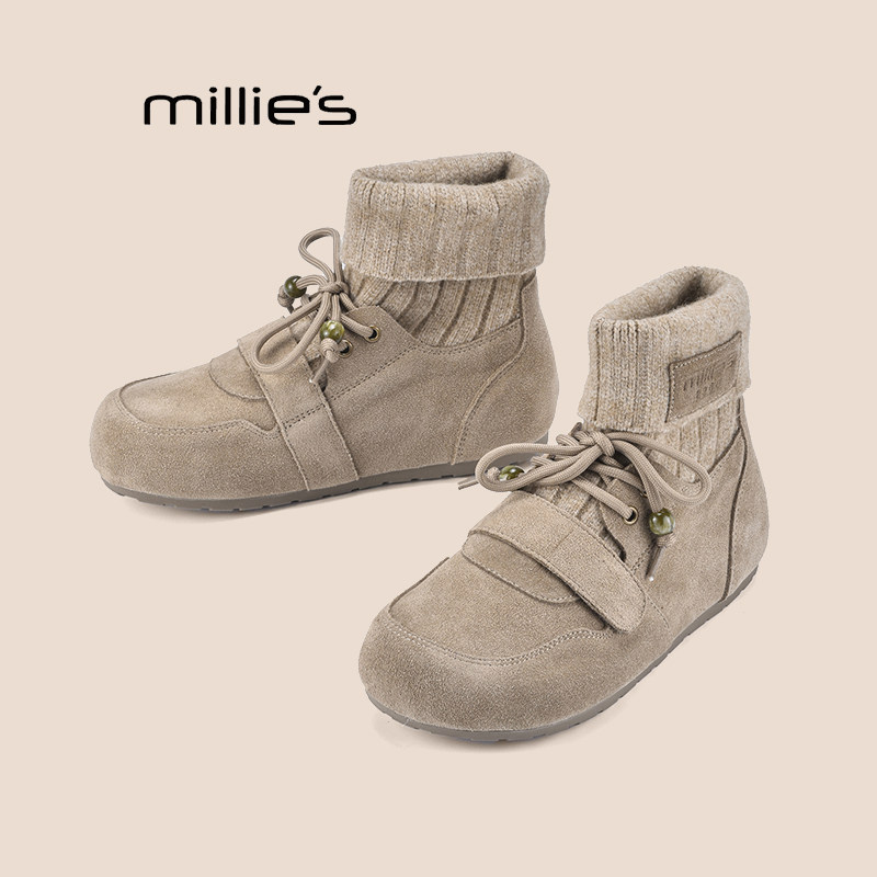 MILLIE'S/妙丽女加绒袜靴冬季拼接针织短靴时尚保暖美拉德棉鞋女Q,女鞋,马丁靴,淘宝优惠券,粉丝福利购,淘宝优惠卷
