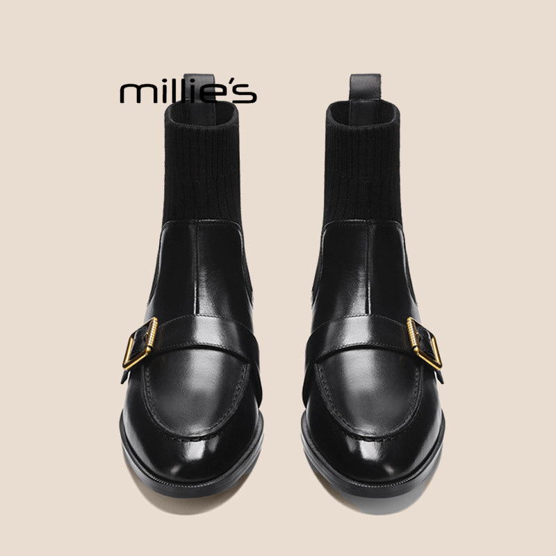 MILLIE'S/妙丽冬季平底短靴女皮带扣真皮马丁靴及踝骑士毛线袜靴,女鞋,弹力靴/袜靴,淘宝优惠券,粉丝福利购,淘宝优惠卷