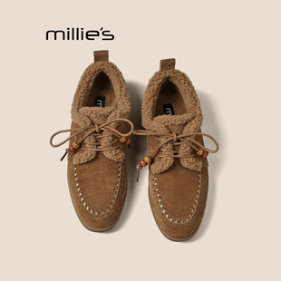 MILLIE'S/妙丽毛毛鞋舒适软底秋冬雪地棉鞋加绒勃肯鞋松糕厚底鞋Z