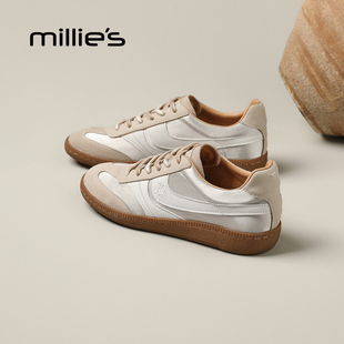 百搭内增高运动系带休闲鞋 MILLIE 女真皮小白鞋 妙丽复古德训鞋