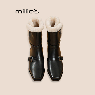 MILLIE'S/妙丽西部牛仔靴女毛茸茸靴女款冬季加绒加厚中筒骑士靴Q