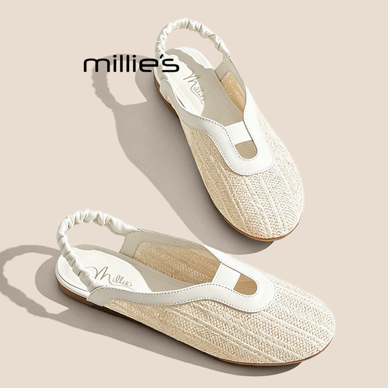 MILLIE'S/妙丽温柔风编织包头凉鞋女2026夏季新款平底不累脚单鞋P