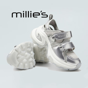 MILLIE'S妙丽银色厚底老爹鞋2026春季新款魔术贴增高休闲运动鞋Z
