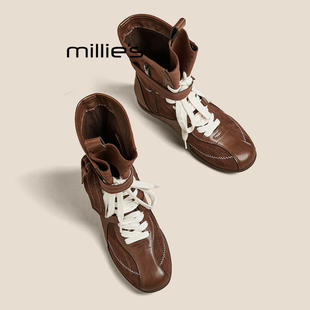 MILLIE'S/妙丽2026新款复古英伦风马丁靴女款配裙子薄款增高中筒