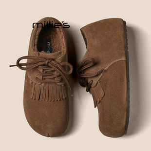 女复古百搭厚底流苏一脚蹬休闲乐福鞋 妙丽真皮勃肯鞋 MILLIE