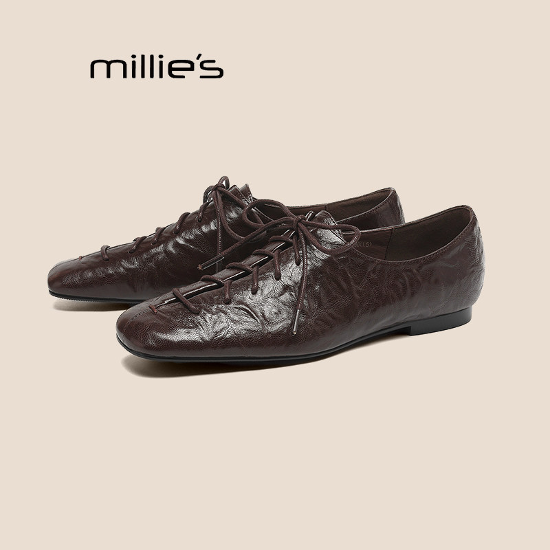 MILLIE'S/妙丽老钱风复古系带皮鞋女平底软底舒适百搭乐福鞋单鞋Z