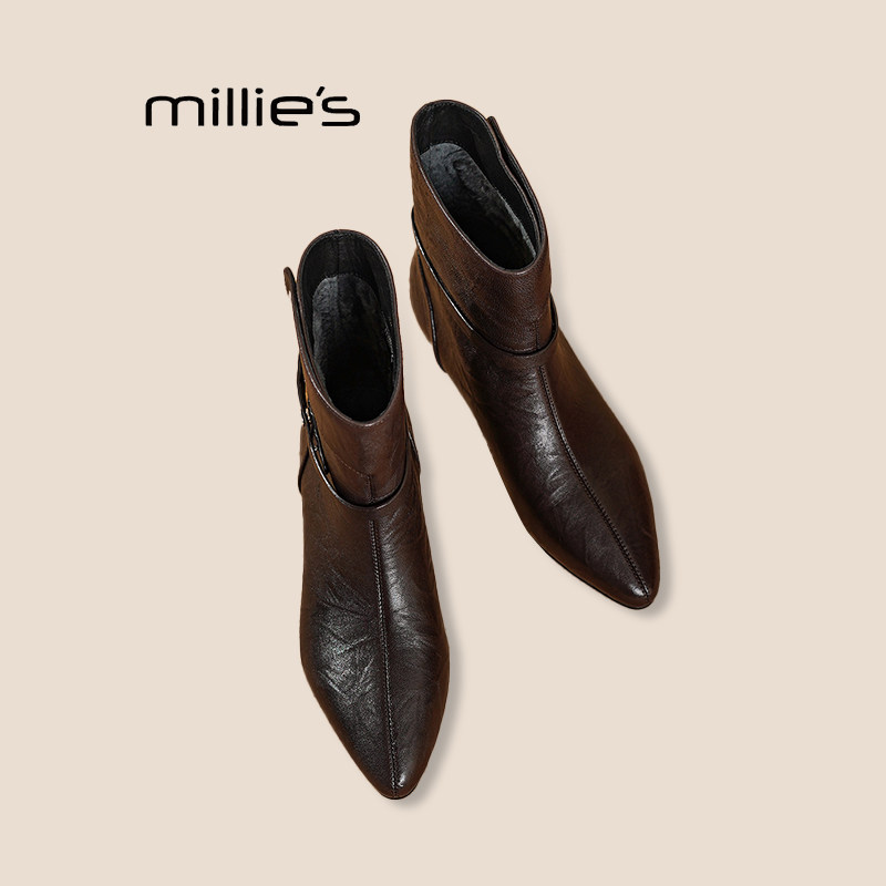 MILLIE'S妙丽方头粗跟短靴巨好看