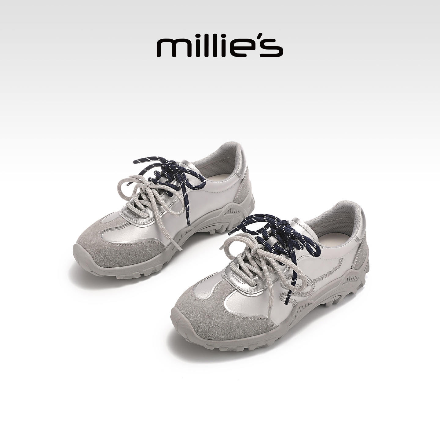 MILLIE'S/妙丽拼色绑带老爹鞋女秋季厚底休闲运动鞋百搭德训鞋P