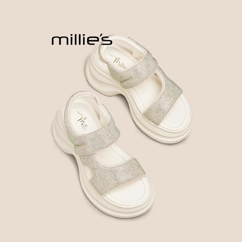 MILLIE'S/妙丽厚底增高凉鞋女2025新款水钻真皮高级感高跟休闲鞋