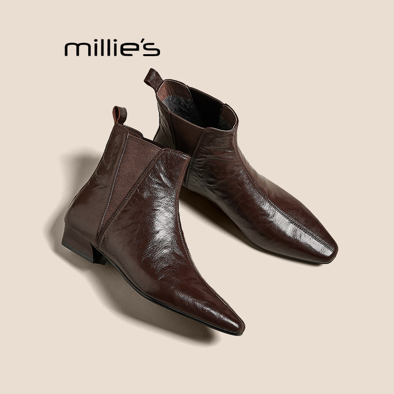 MILLIE'S/妙丽复古尖头平底手抓纹羊皮真皮加绒切尔西短靴秋冬女,女鞋,骑士靴,淘宝优惠券,粉丝福利购,淘宝优惠卷
