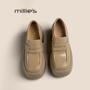 MILLIE'S/妙丽10cm高跟小皮鞋女秋季黑色jk制服鞋粗跟单鞋乐福鞋