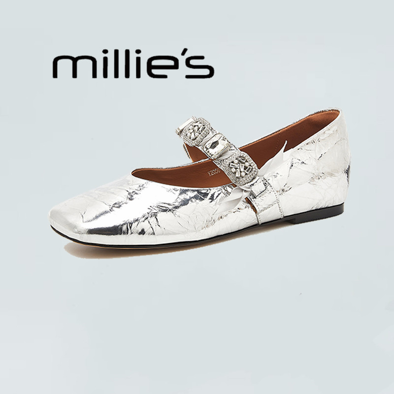 MILLIE'S/妙丽新款女鞋真皮法式平底浅口一字带银色玛丽珍单鞋春