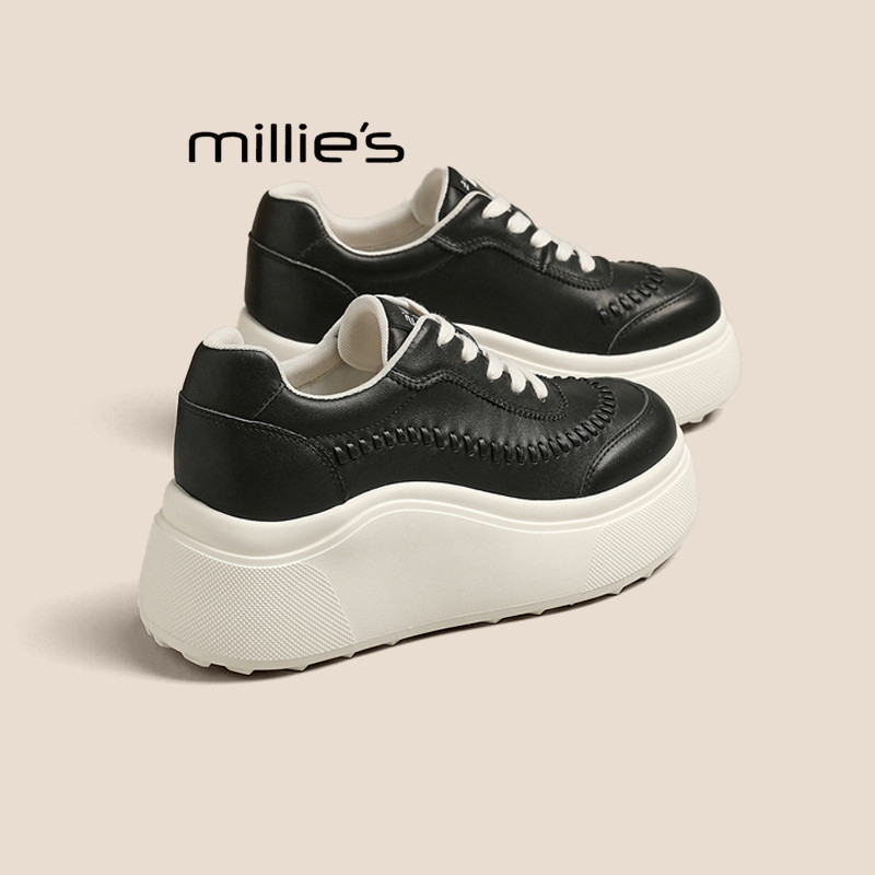 MILLIE'S/妙丽真皮厚底板鞋女春季黑色小个子增高休闲鞋不累脚P
