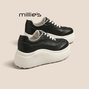 MILLIE'S/妙丽真皮厚底板鞋女春季黑色小个子增高休闲鞋不累脚P