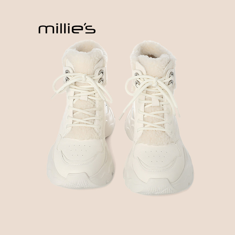 MILLIE'S/妙丽厚底加绒高帮鞋女新款冬季白色老爹鞋保暖增高棉鞋Q