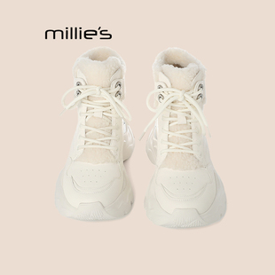 MILLIE'S/妙丽厚底加绒高帮鞋女新款冬季白色老爹鞋保暖增高棉鞋Q