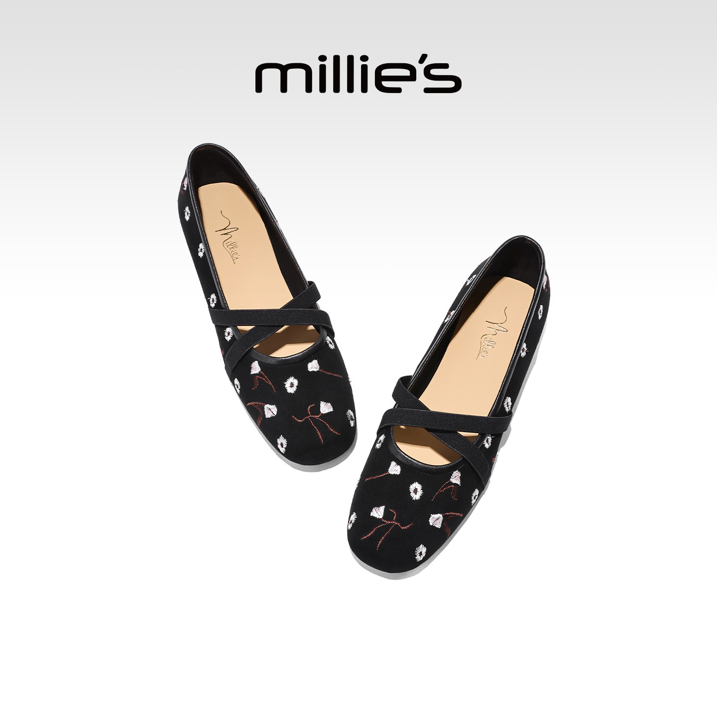 MILLIE'S/妙丽法式刺绣玛丽珍平底单鞋女交叉带芭蕾舞鞋软底女鞋Z,女鞋,时尚芭蕾鞋,淘宝优惠券,粉丝福利购,淘宝优惠卷