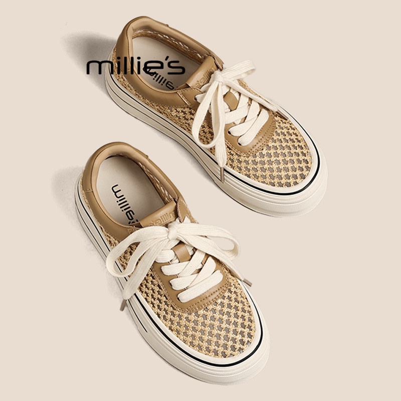 MILLIE'S/妙丽网格镂空编织厚底板鞋女2026夏季款透气休闲运动鞋P