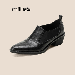 MILLIE'S/妙丽英伦风复古皮鞋女新款羊皮方头粗跟深口单鞋穆勒鞋