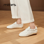 妙丽真皮拼接帆船鞋 女夏浅口德训鞋 MILLIE 绣线休闲运动平底鞋