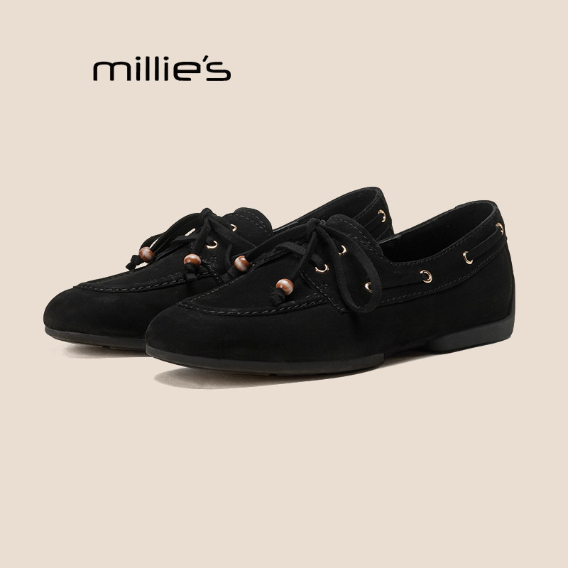 MILLIE'S/妙丽豆豆鞋乐福鞋女款2025新款秋季小皮鞋平底单鞋黑色,女鞋,浅口单鞋,淘宝优惠券,粉丝福利购,淘宝优惠卷