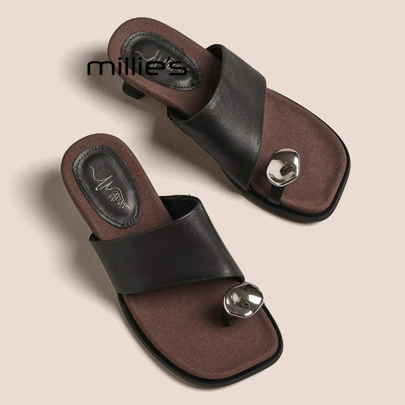 MILLIE'S/妙丽法式金属扣夹趾拖鞋女夏季低跟休闲度假沙滩鞋凉拖P