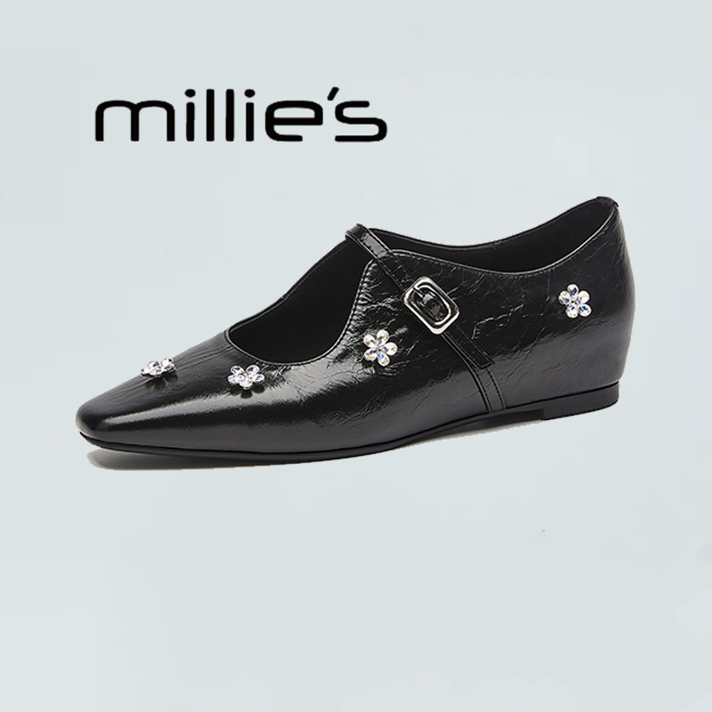 MILLIE'S/妙丽设计感水钻花朵浅口单鞋低跟方头一字扣带玛丽珍鞋,女鞋,浅口单鞋,淘宝优惠券,粉丝福利购,淘宝优惠卷