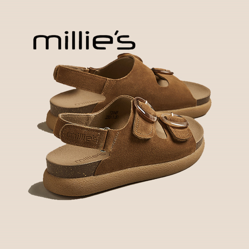 妙丽 复古真皮勃肯凉鞋女夏季休闲百搭沙滩鞋外穿厚底一字带凉拖