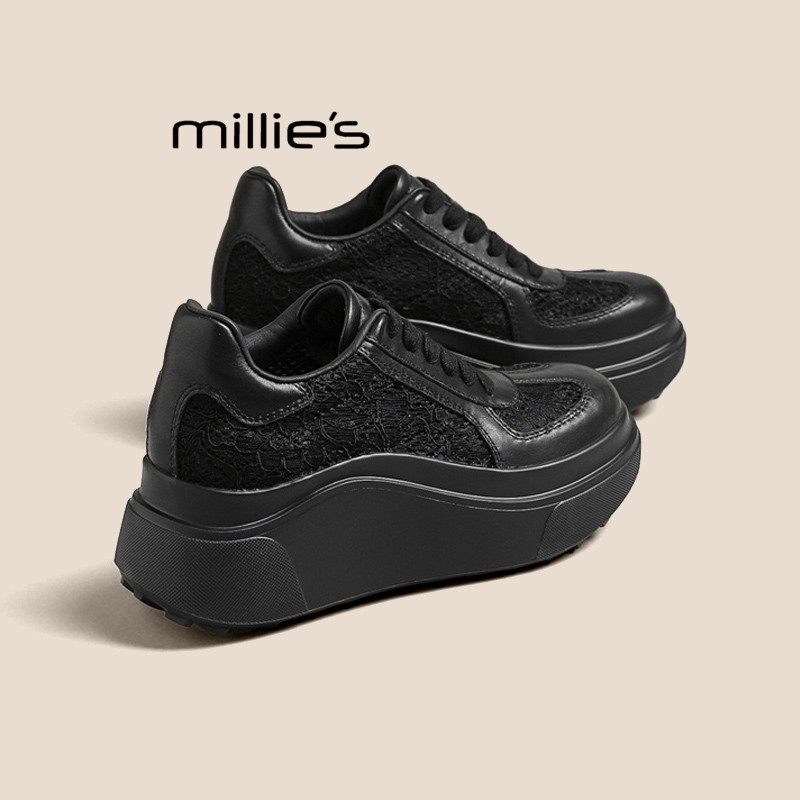 MILLIE'S/妙丽厚底面包鞋女春季黑色系带增高百搭休闲鞋小个子Q