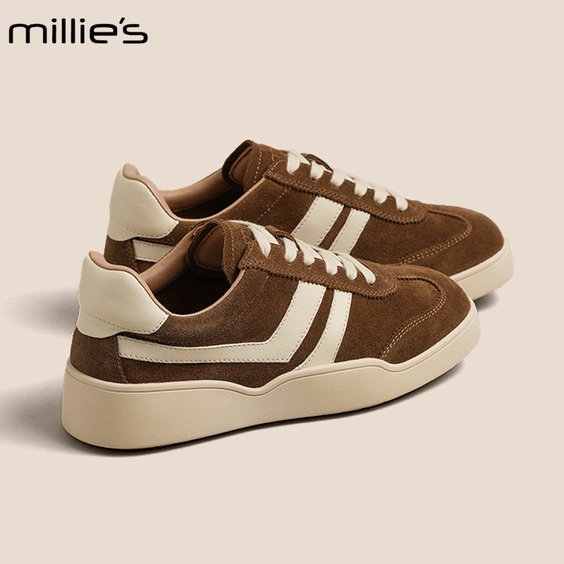 MILLIE'S/妙丽磨砂真皮德训鞋女2026秋季百搭系带通勤复古运动鞋K