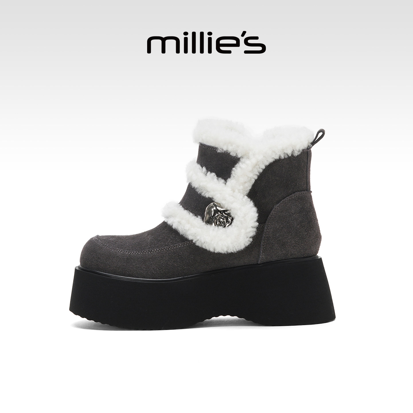 MILLIE'S/妙丽厚底加绒切尔西靴女冬季英伦保暖金属装饰马丁靴Q