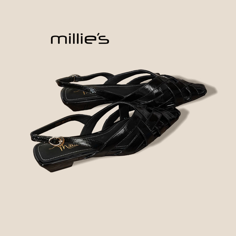 MILLIE'S/妙丽镂空罗马凉鞋2026夏季新款女鞋气质低跟一字带凉鞋,女鞋,浅口单鞋,淘宝优惠券,粉丝福利购,淘宝优惠卷