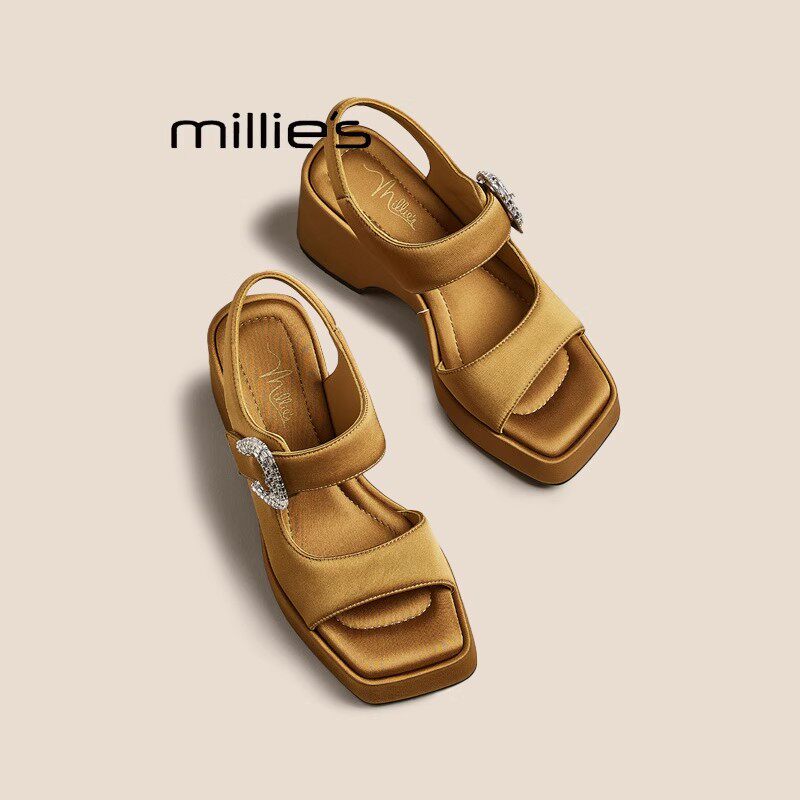 MILLIE'S/妙丽夏厚底增高鞋子凉鞋女百搭透气水钻一字扣带罗马鞋