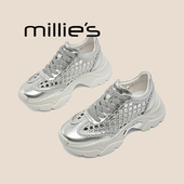 妙丽真皮厚底银色镂空凉鞋 女款 MILLIE 牛皮透气休闲运动老爹鞋