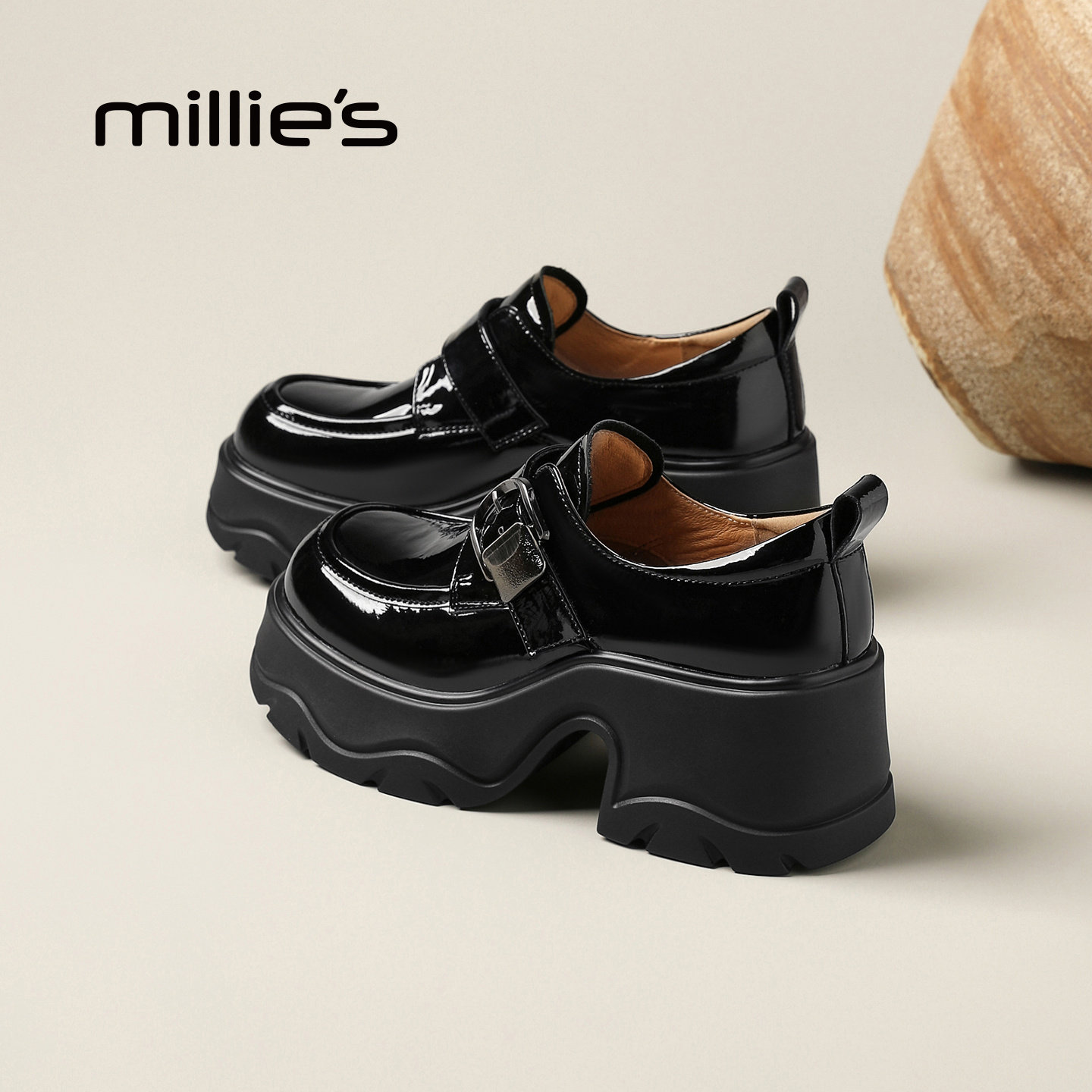 MILLIE'S/妙丽英伦风厚底乐福鞋女黑色漆皮双扣增高松糕鞋Q,女鞋,乐福鞋（豆豆鞋）,淘宝优惠券,粉丝福利购,淘宝优惠卷