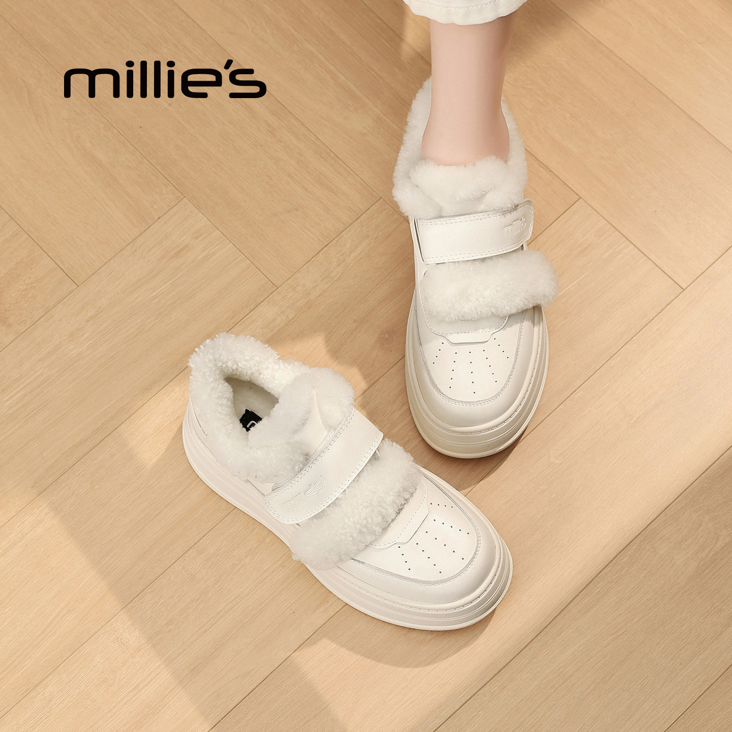 MILLIE'S/妙丽2026新款魔术贴厚底小白鞋女秋冬加绒保暖松糕鞋Q