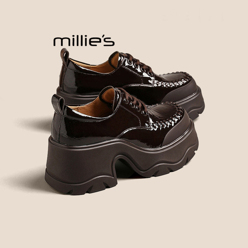 MILLIE'S/妙丽厚底乐福鞋女真皮英伦风编织不累脚小个子增高单鞋P