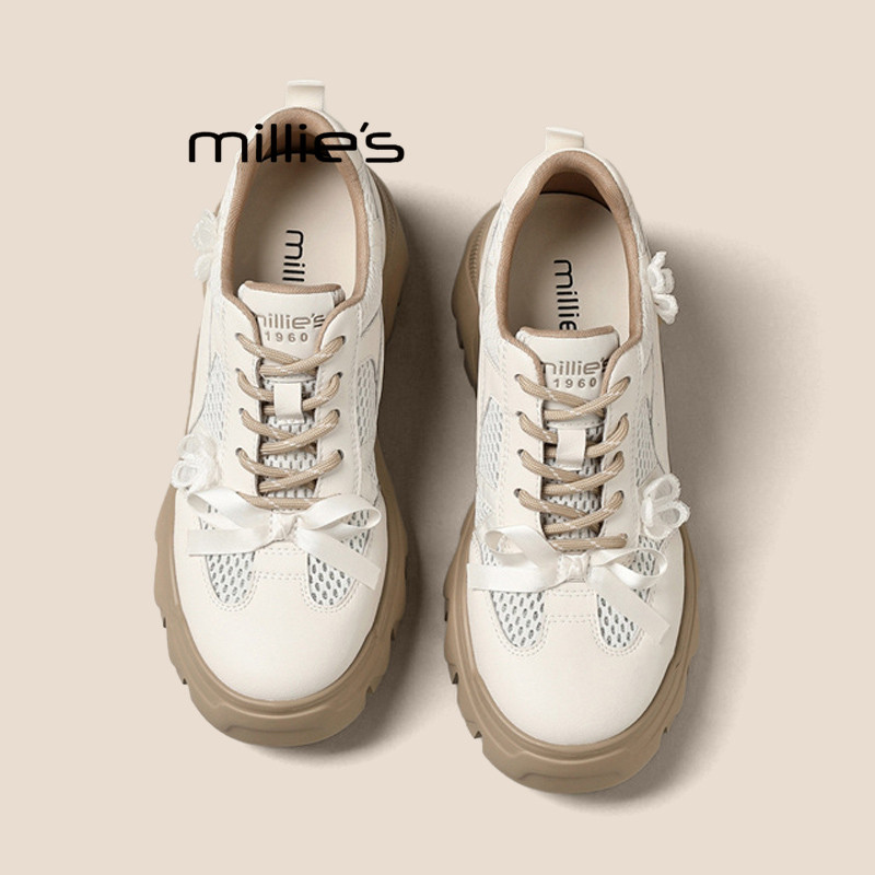 MILLIE'S/妙丽厚底老爹鞋女2026绣花蝴蝶结配阔腿裤运动休闲鞋春P
