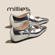 MILLIE 女水钻花朵一字带银色玛丽珍鞋 妙丽增高小方头平底单鞋