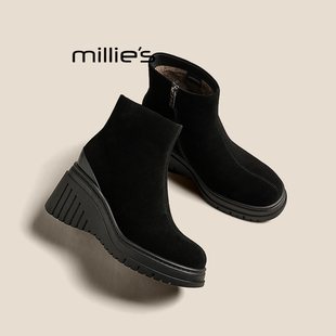 保暖短靴冬季 妙丽坡跟鞋 加绒加厚真皮套筒袜靴弹力靴 MILLIE