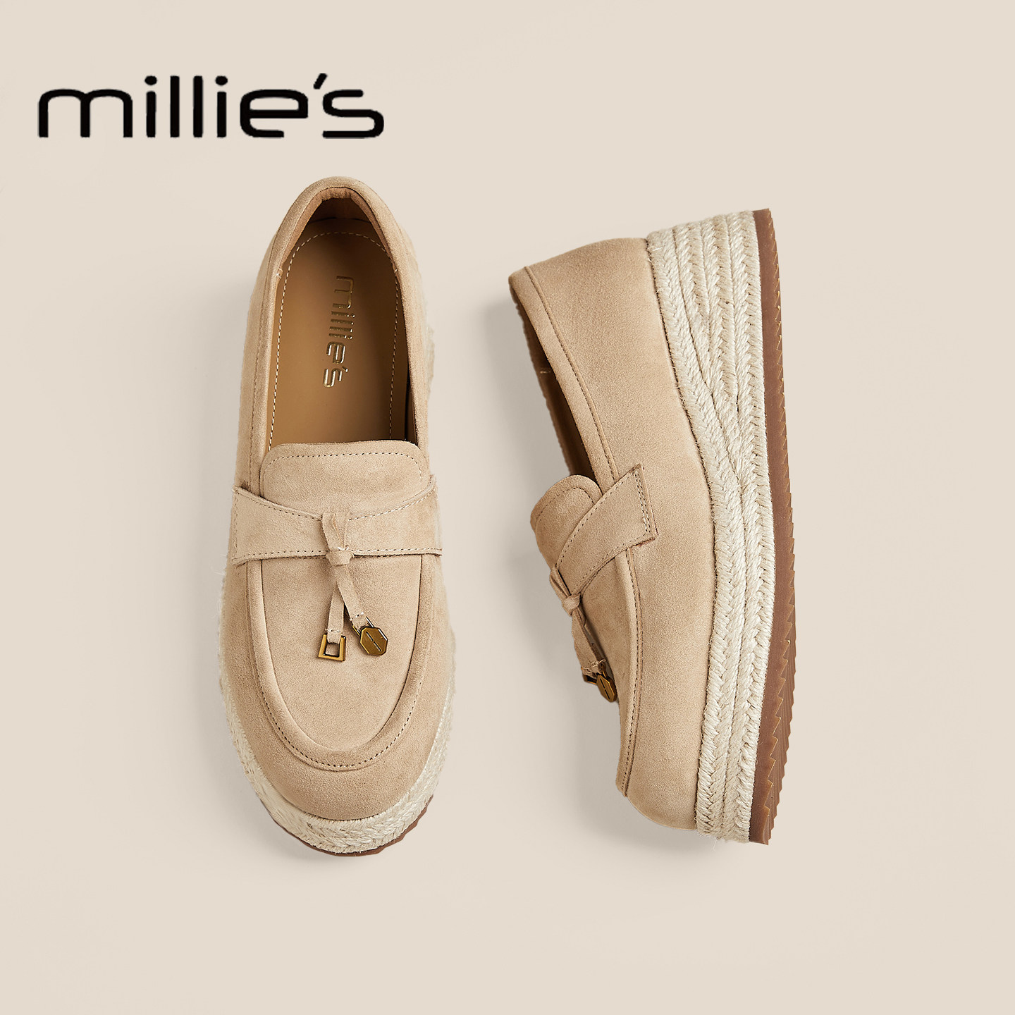 MILLIE'S/妙丽2025新款马赛秋季草编复古渔夫鞋厚底乐福鞋女单鞋,女鞋,乐福鞋（豆豆鞋）,淘宝优惠券,粉丝福利购,淘宝优惠卷