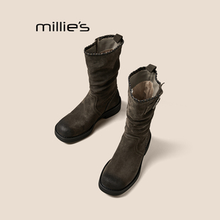 MILLIE'S/妙丽新款褶皱中筒靴女加绒皮带扣骑士靴皮带扣马丁靴子Z