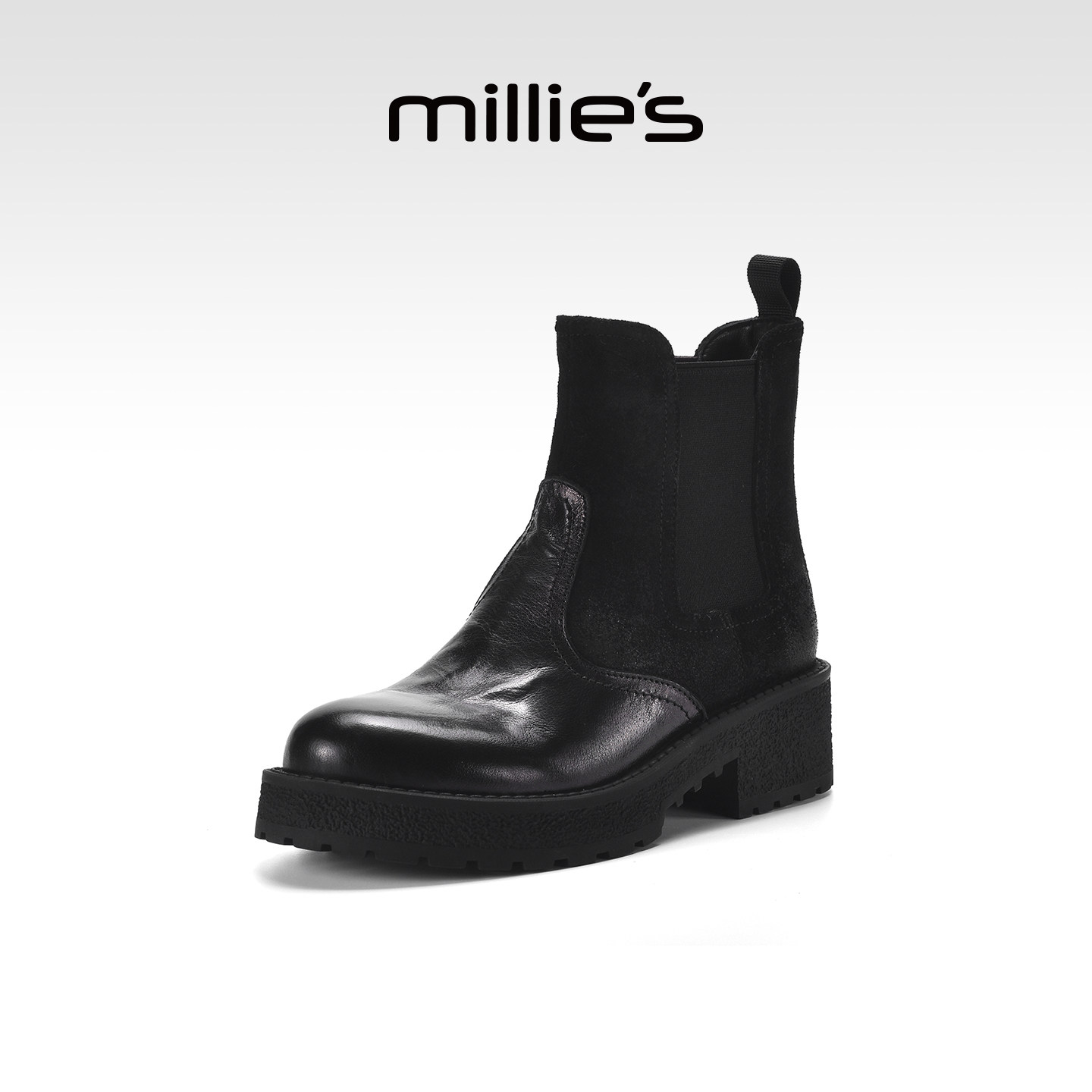 MILLIE'S/妙丽2026新款女鞋英伦风厚底马丁靴黑色真皮短靴小个子Q